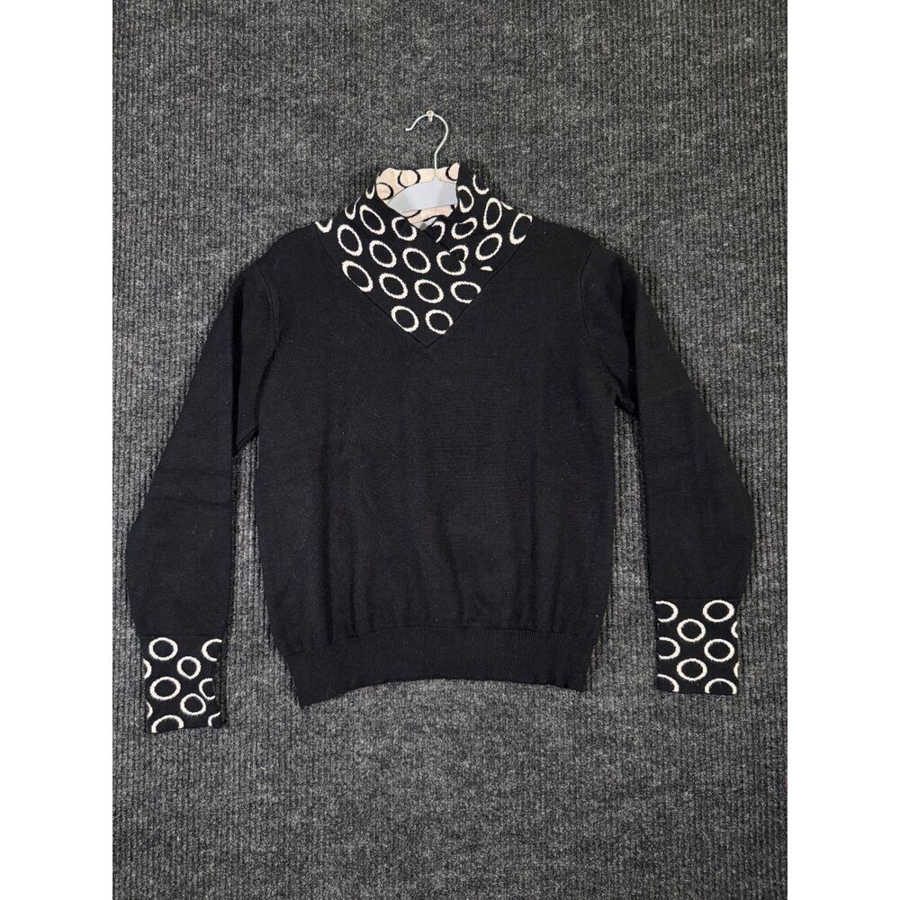 Black V-Neck Sweater Cream Circle Print Collar & Cuffs Womens Small